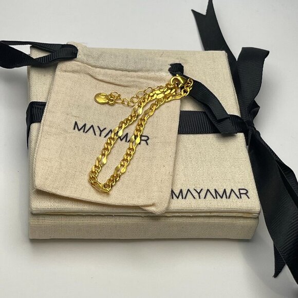 MAYAMAR 24K Gold Plated High Polished Figaro Curb Link Bracelet - Picture 1 of 3